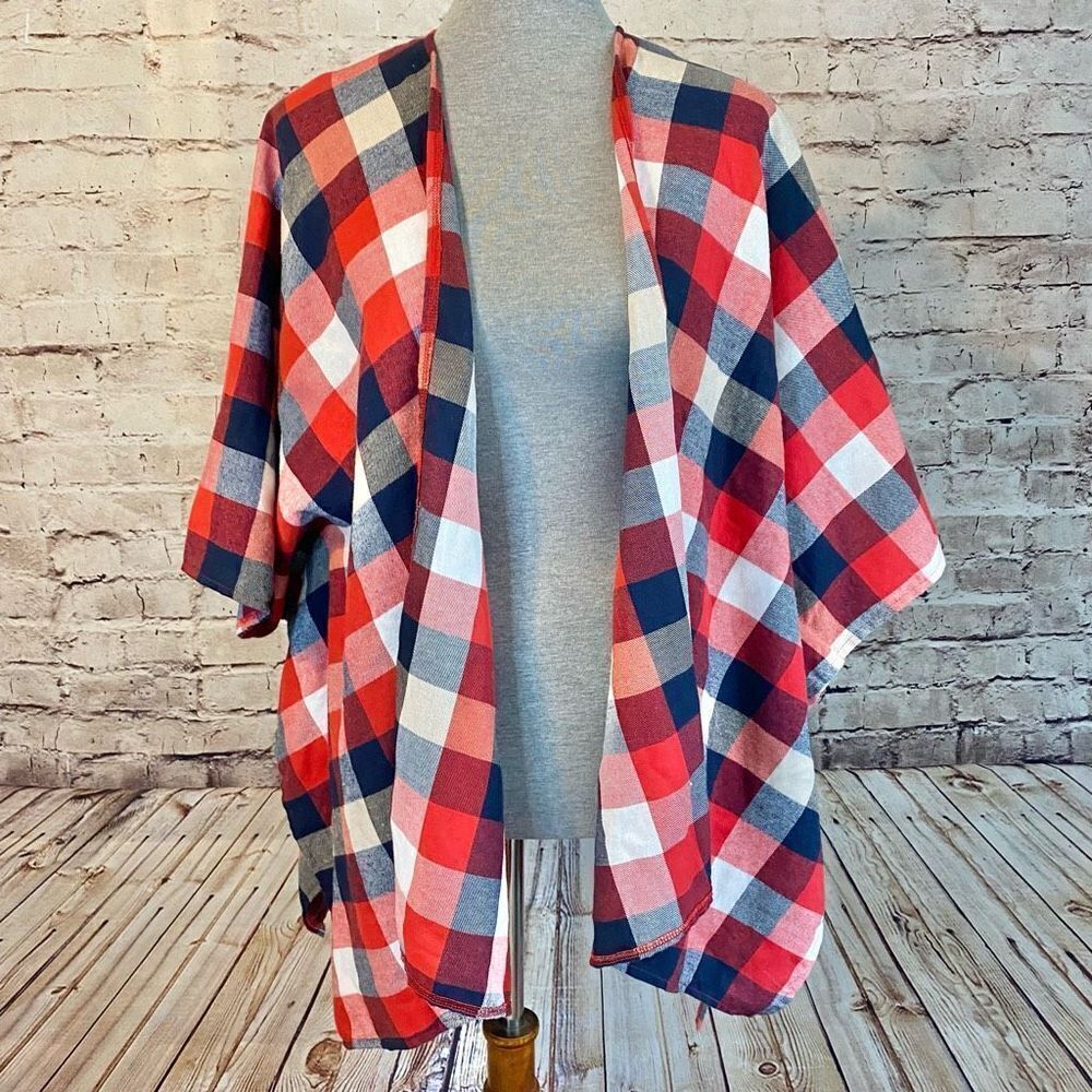 Andree By Unit Womens Poncho Cardigan Blanket Wrap Flannel Plaid Red One Size